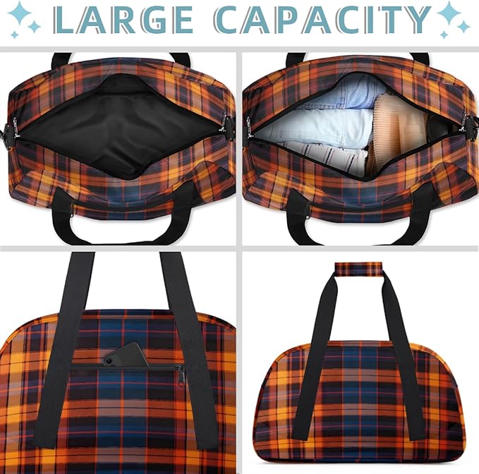 Sports Duffel Bags, Orange Plaid Water-Resistant Gym Duffle Bag for Men Women, Lightweight Weekender Overnight Bag for Fitness, Workout, Travel