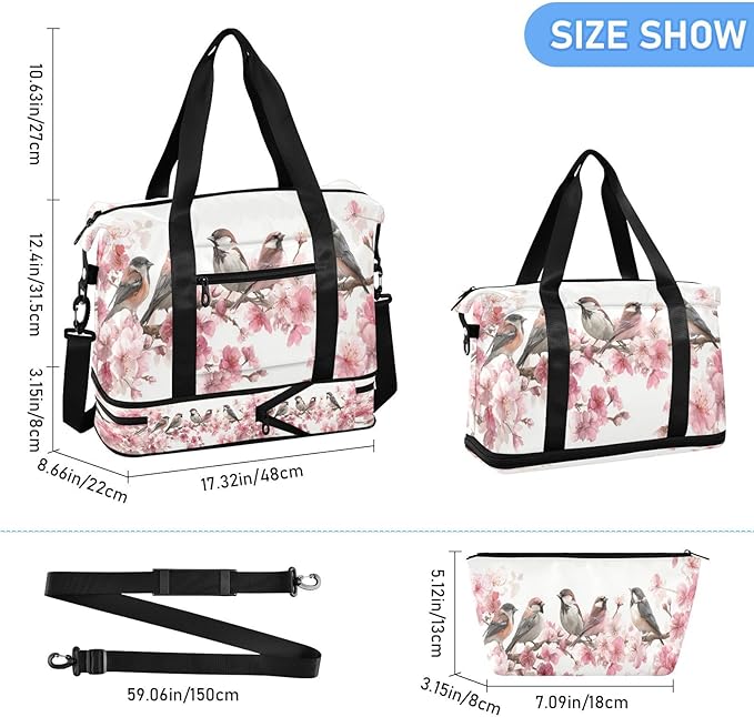 Travel Duffel Bags for Women Cute Songbirds on Cherry Blossom Branch Sports Duffel Bags Gym Bags with Shoes Compartment Tote Bag Weekender Bag for Travelling