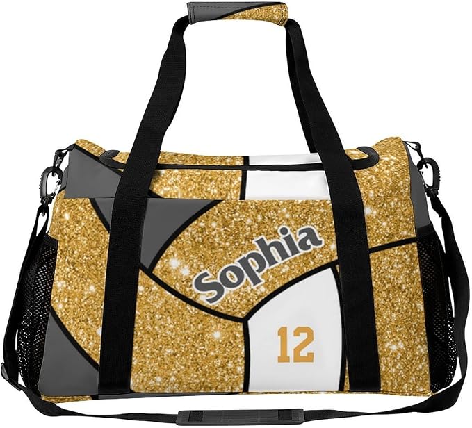 Custom Gold Glitter Print Volleyball Duffel Bag with Name Personalized Travel Bags Sport Gym Bag Carry On Weekender Bags for Men Women