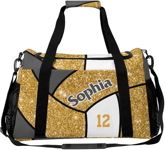 Custom Gold Glitter Print Volleyball Duffel Bag with Name Personalized Travel Bags Sport Gym Bag Carry On Weekender Bags for Men Women