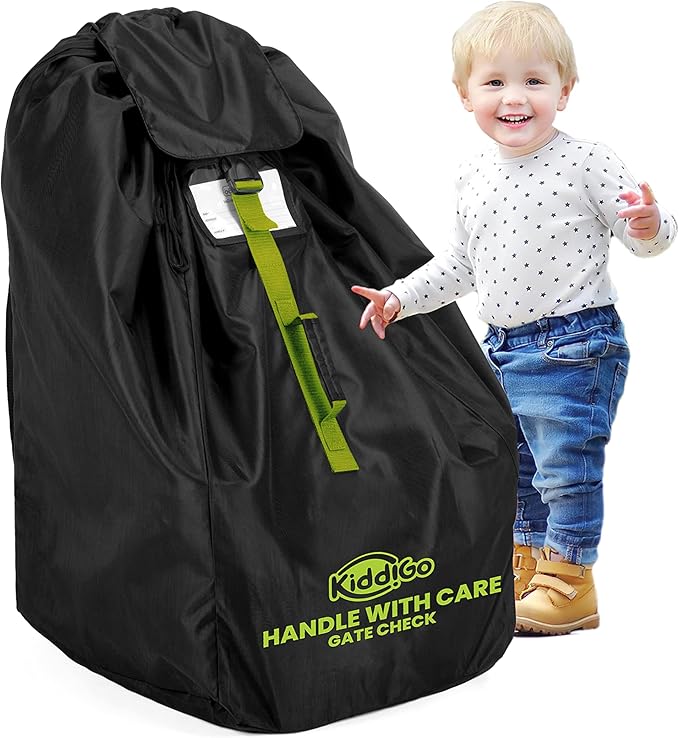 KiddiGo Car Seat Travel Bag For Airplane, Black & Green, 33” H x 18” W x 18” D, Fits Most Standard Convertible, Booster & Infant Car Seats, Gate Check Universal Size Car Seat Cover, Easy Carry Design