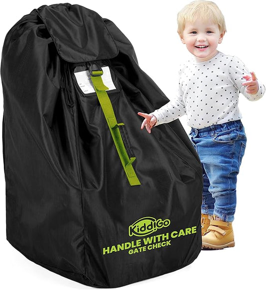 KiddiGo Car Seat Travel Bag For Airplane, Black & Green, 33” H x 18” W x 18” D, Fits Most Standard Convertible, Booster & Infant Car Seats, Gate Check Universal Size Car Seat Cover, Easy Carry Design