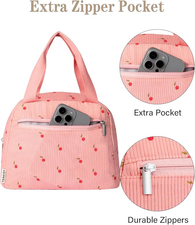 Cute Lunch Box Tote Bag - CoolerCorduroy Insulated Bags for Women - Lightweight Reusable Portable Soft Lunch Pail Kit for Kids Teen Girl Adults Work School Picnic Travel Pink 8L