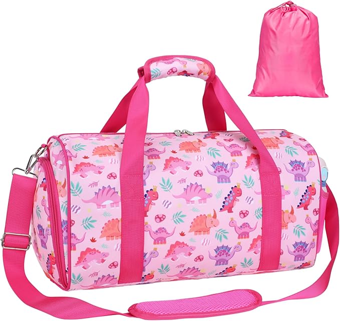 Bagseri Dance Bag for Girls - Kids Duffle with Shoe Compartment, Gymnastics Tote for Sleepover Travel with Water Resistant Wet Pocket (Pink & Crown Dinosaur)