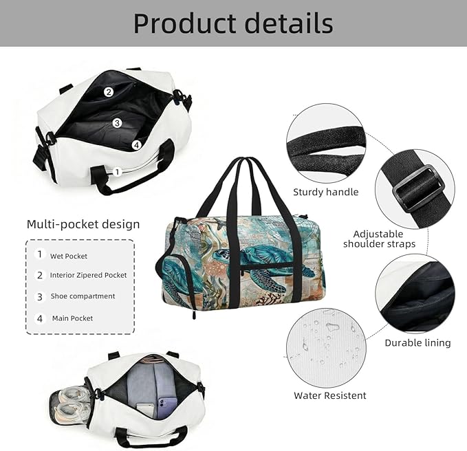Sports Gym Bag Turquoise Sea Turtle Ocean Travel Duffel Bag With Shoe Compartment Shoulder Strap, Lightweight Water-Resistant Weekend Overnight Totes For Women Men