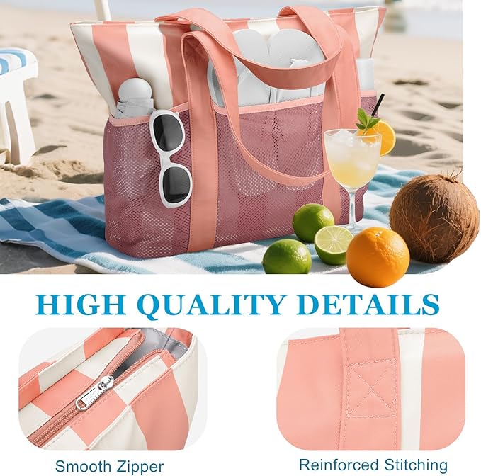VASCHY Beach Bag for Women, Foldable Waterproof Sandproof Beach Tote with Zipper/Mesh Pockets for Vocation/Cruise/Gym/Travel