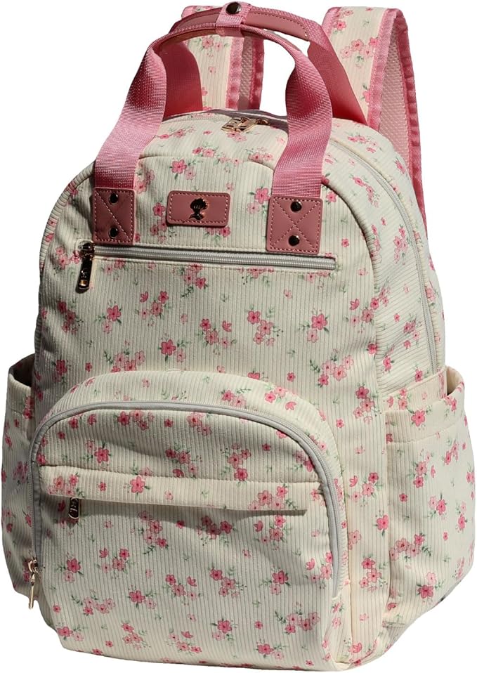 Diaper Bag Backpack, Large Capacity Multifunction Baby Essentials Fashion Travel Pack Linen Canvas office Laptop Bag (Corduroy Cute Flower)