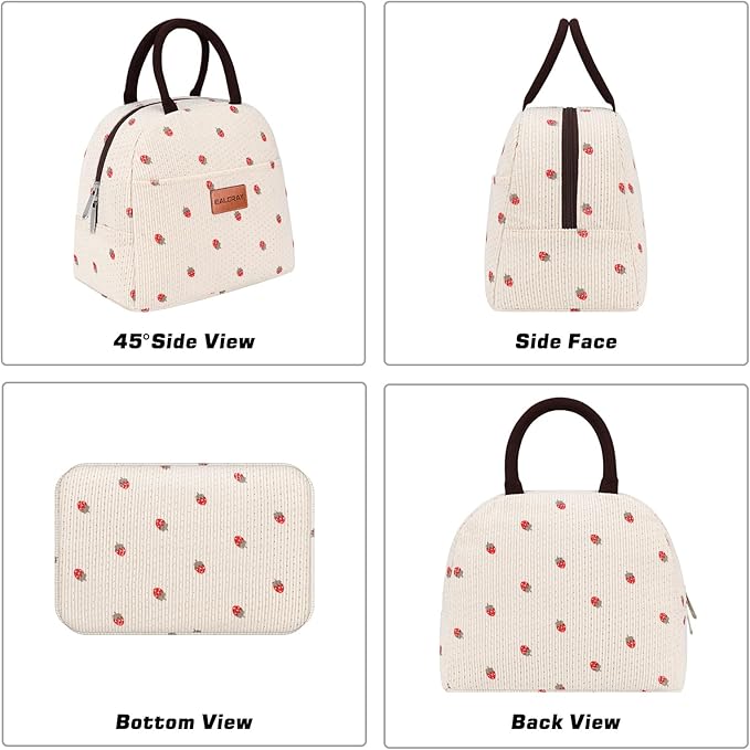 BALORAY Lunch Bag for Women Men Insulated Lunch Box for Adult Reusable Lunch Tote Bag for Work, Picnic or Travel (Corduroy Beige with Strawberry)