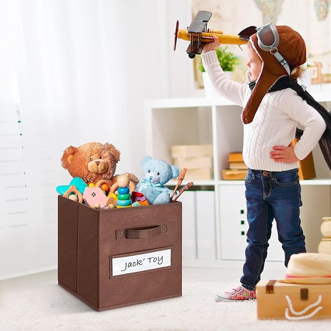 artsdi 13x13x13 Storage cube bins(Set of 8) Fabric storage cubes with 8 Labels Window Cards & a Pen, Storage cubes 13x13, Collapsible 13 inch Cube storage bins, Cubby Organizer Boxes, Brown