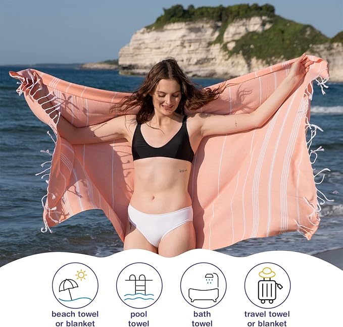 Turkish Beach Towels, Pack of 6 | Oversized, Quick Dry, Sand Free | 100% Cotton, Large 38x71 Towels for Beach, Pool, Travel | Ultra-Soft, Compact, and Absorbent | Salmon