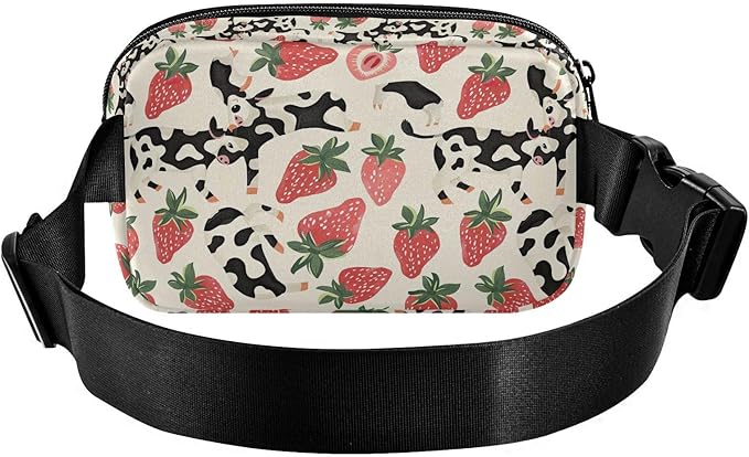 Kawaii Strawberry Cow Print Fanny Pack for Women Men Water Resistant Fashion Waist Packs with Adjustable Strap Belt Bag for Travel Workout Jogging Hiking 21219440