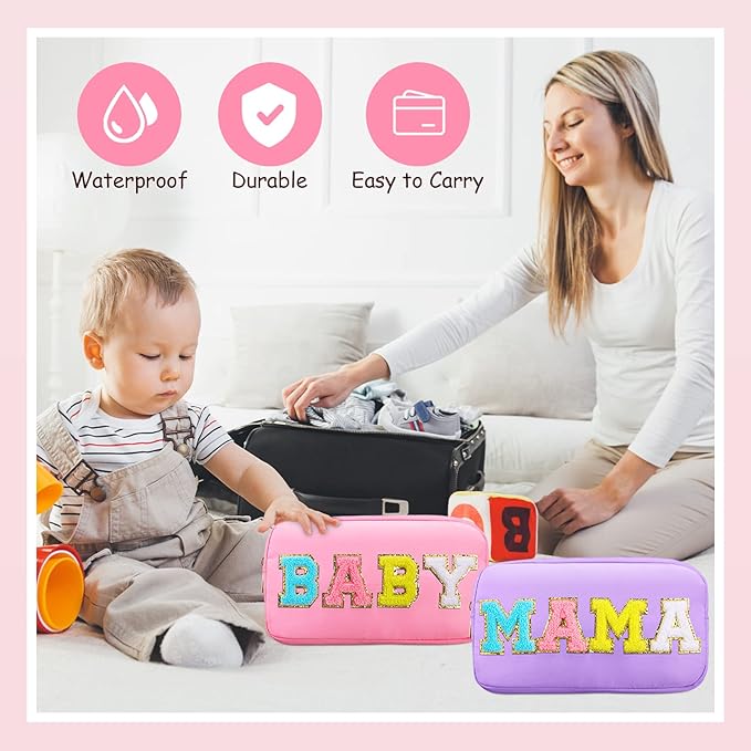 Sanwuta 2 Pieces Mama Gifts Makeup Bag Mom Pouch Birthday Gifts Nylon Cosmetic Bag Mothers Day Appreciation Toiletry Preppy Patch Chenille Letter for Women Her New Mom(Purple, Pink,Baby and Mama)