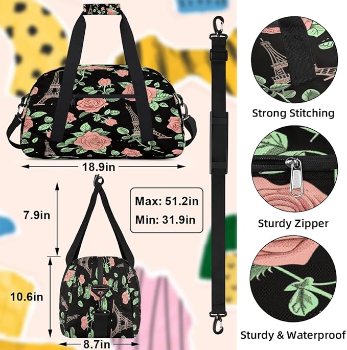 Sports Duffel Bags, Pink Rose Eiffel Tower Pattern Water-Resistant Gym Duffle Bag for Men Women, Lightweight Weekender Overnight Bag for Fitness, Workout, Travel