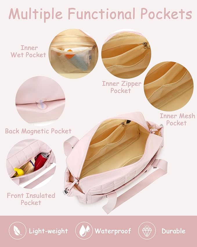 CAMTOP Mini Gym Bag for Women, Small Gym Tote Bag Puffy Quilted Sports Duffel Bag with Wet Compartment and Coin Purse Duffel Bags Dance Yoga Workout Bag for Gifts (Pink, Medium-16")