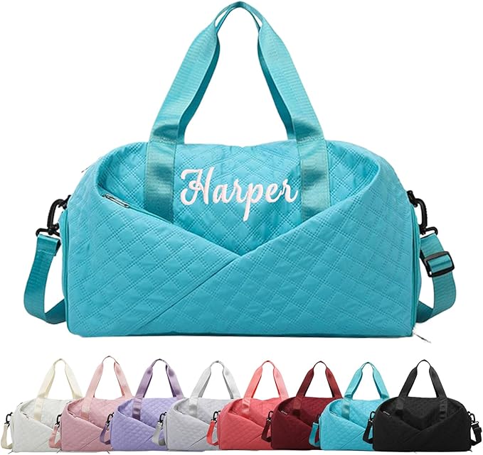 Personalized Travel Duffle Bag for Women with Embroidered Name Custom Sport Gym Weekender Overnight Carry On Tote Luggage Bag with Shoe Compartment Dance Bags for Girls Customized Gifts Lake Blue