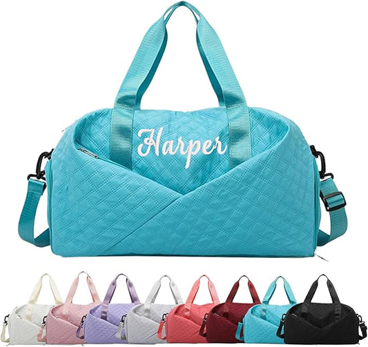 Personalized Travel Duffle Bag for Women with Embroidered Name Custom Sport Gym Weekender Overnight Carry On Tote Luggage Bag with Shoe Compartment Dance Bags for Girls Customized Gifts Lake Blue