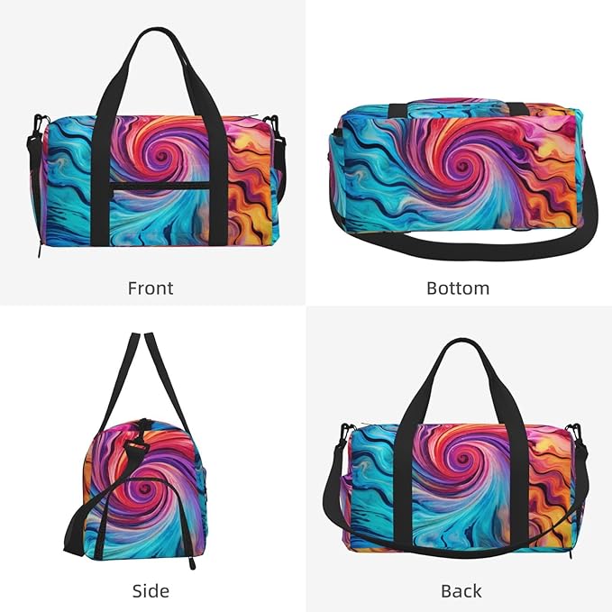 Sports Gym Bag Colorful Tie Dye Swirl Pattern Art Pinting Travel Duffel Bag With Shoe Compartment Shoulder Strap, Lightweight Water-Resistant Weekend Overnight Totes For Women Men