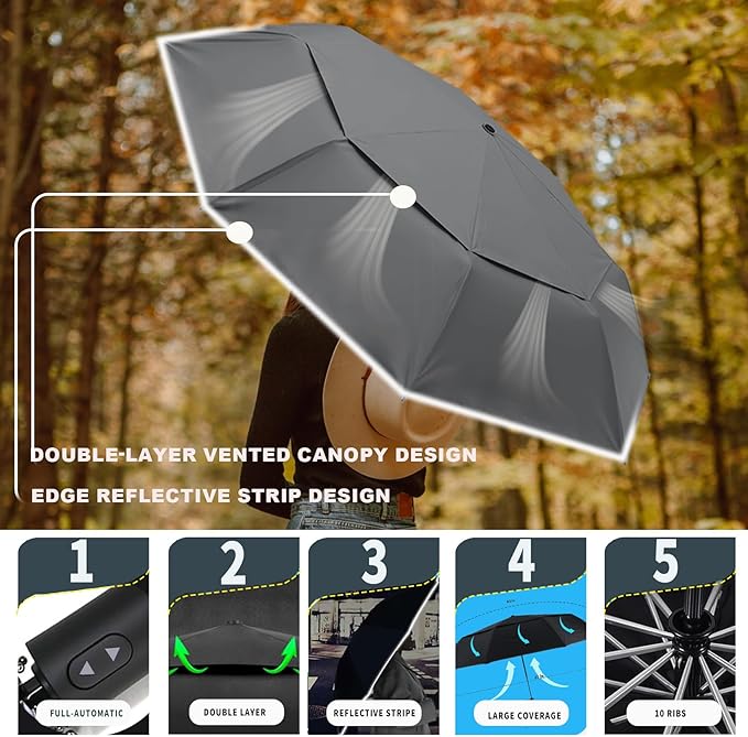 MRTLLOA 42/49 Inch Compact Travel Essentials Umbrella for Rain, Lightweight, Portable, Automatic, Strong, Waterproof Folding Umbrellas for Women, Men and Teenagers