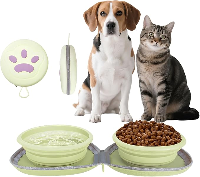 Collapsible 2-in-1 Dog Bowls: Leakproof Double Silicone Food & Water Bowl for Travel, Camping, Hiking - Portable Cat & Dog Feeding Supplies (Beige)