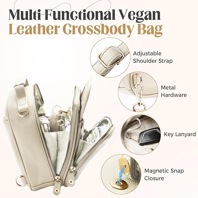 Vegan Leather Crossbody Bag for Women with 2 Straps, Small Messenger Bag with Anti Theft Zipper Pocket Vintage Shoulder Bag