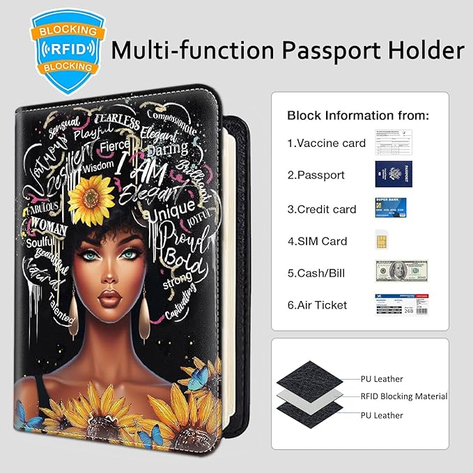 Passport Holder Women Wallet with Luggage Tag, Leather Passport Cover with RFID Blocking, Travel Accessories Multi Card Slot Passport Case for Men，I AM Courageous Black Girl