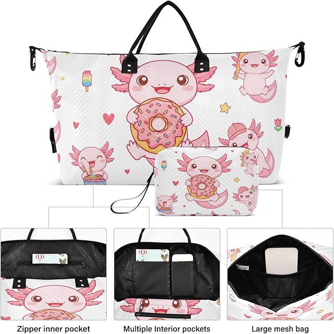 Travel Duffle Bag, Cute Axolotl Donut Gym Bag with Storage Bag Weekender Overnight Bag for Men Women Trip Sports Yoga