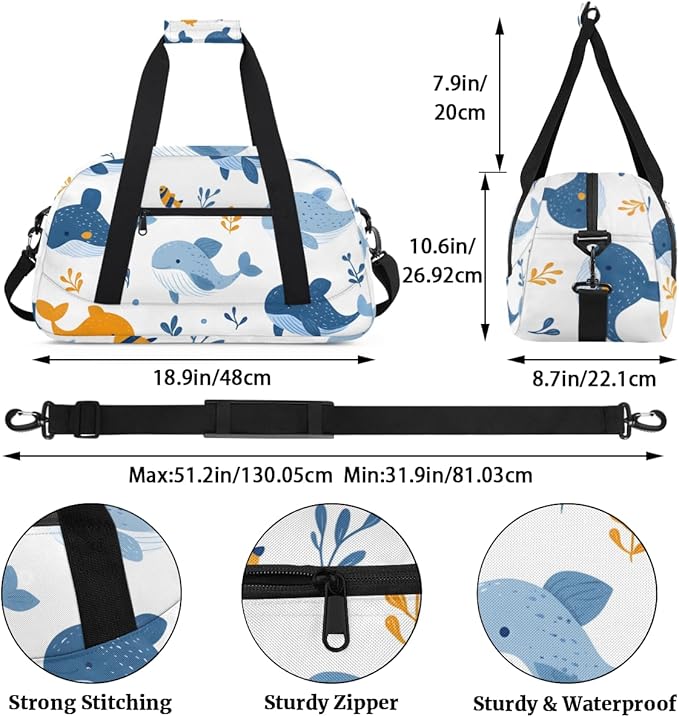 Ocean Dolphins Gym Travel Duffle Bag for Women & Men with Front Zipper Pocket for Sports, Overnight, Weekender, Carry On,Workout & Dance Bag,Dolphins Animals,18.9 * 8.7 * 10.6 in