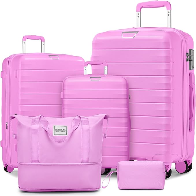 LARVENDER Luggage Sets 5 Piece with Duffel Bag Expandable(Only 28 inch) Hardside PP carry on luggage with 360° Spinner Wheels TSA Lock for Men Women, Neon Pink