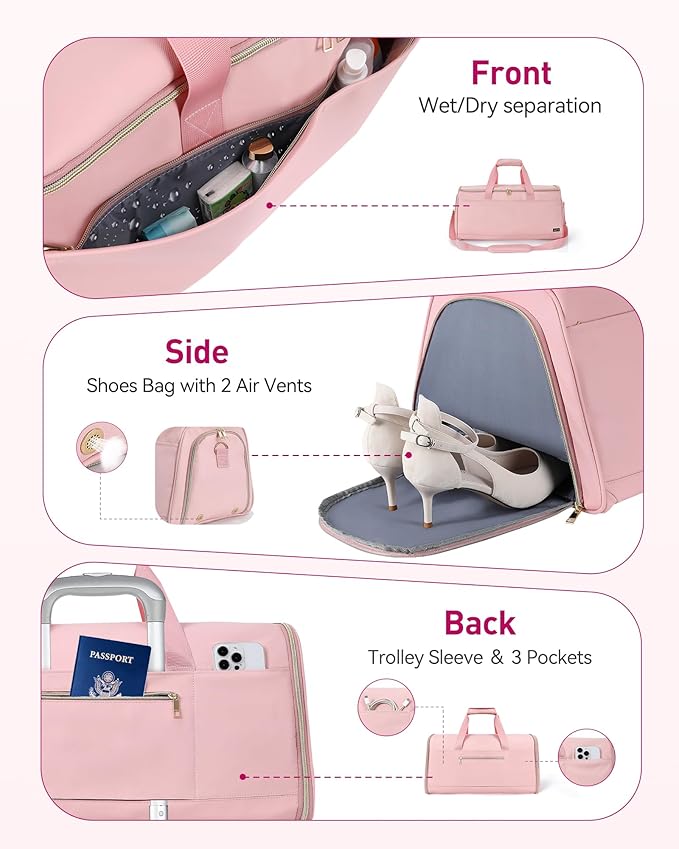 Convertible Travel Garment Bag, Carry on Garment Duffel Bag, 2 in 1 Hanging Dress Suitcase Suit Travel Bags, for Business Trips with Shoe Compartment & Multiple Pockets, AGPTEK (Pink)