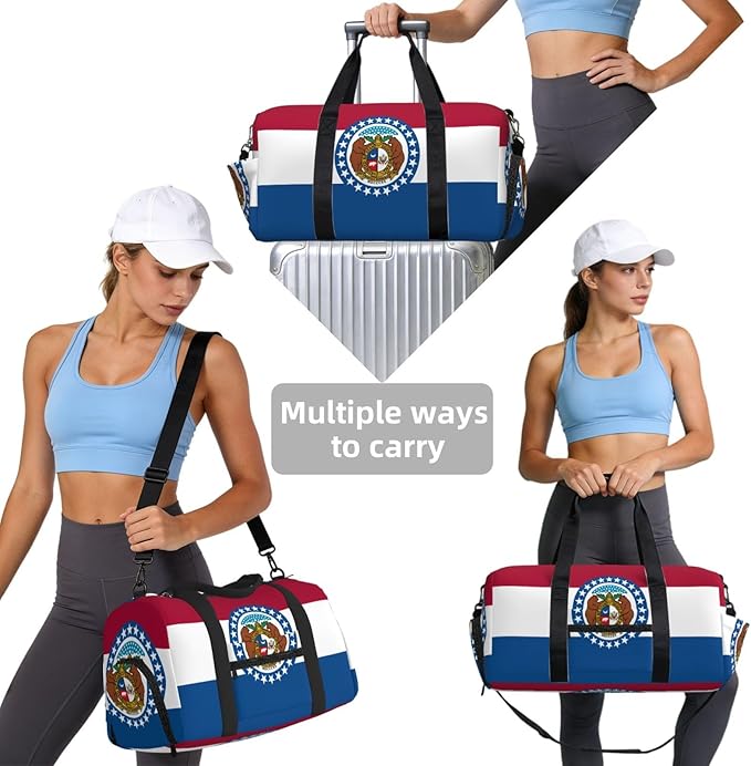 Missouri State Flag Print Gym Bag with Shoe Compartment for Women Men, 17.7in Sports Duffle Weekender Tote, Overnight Travel Duffel Bag Carry On