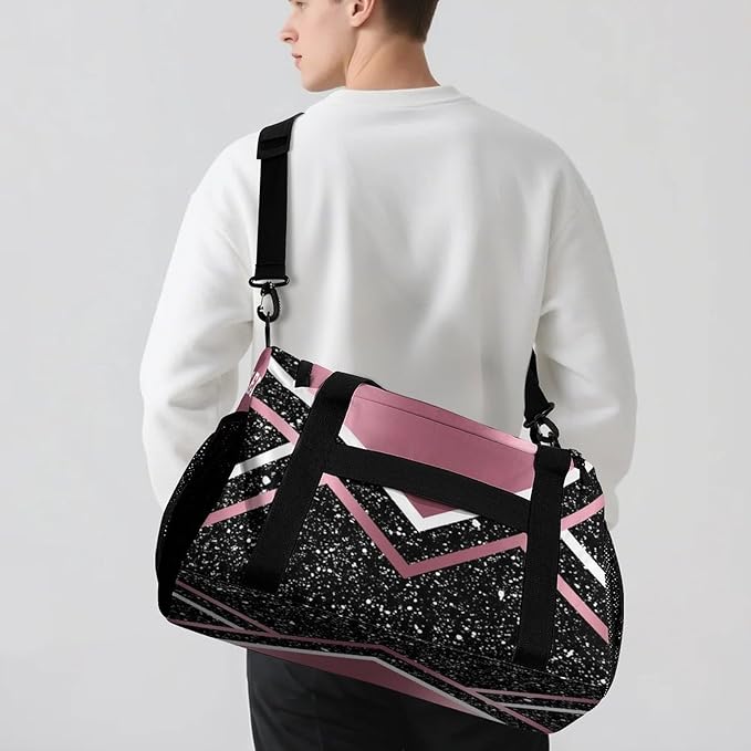 Cheer Pink Black Stripes Sequin Print Waterproof Duffel Bag, Adjustable Shoulder Strap Pack, Perform Training Travel Bag for Teens Adults Women Men