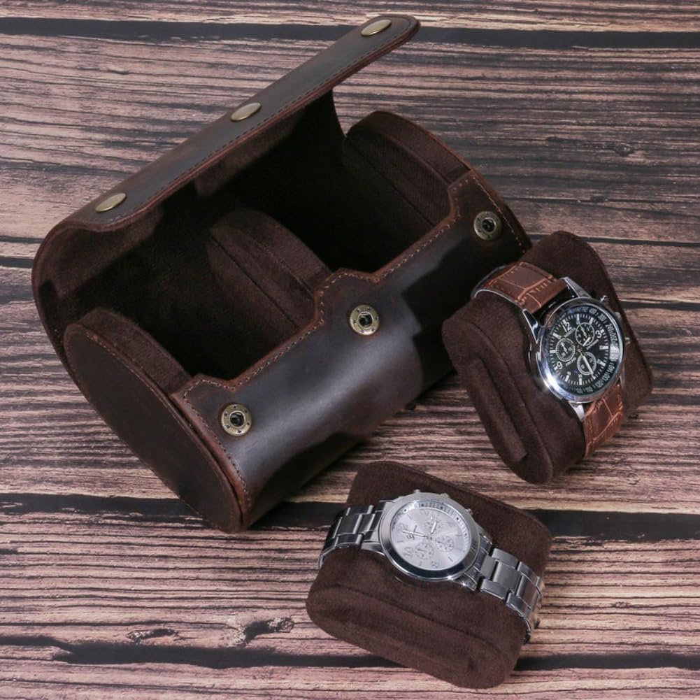 Genuine Leather Watch Roll Travel Case,2 Slots Vintage Full Grain Leather Watch Box with Pillow for Men,Watch Storage Organizer for Home Storage,Anniversary Birthday Christmas Gift