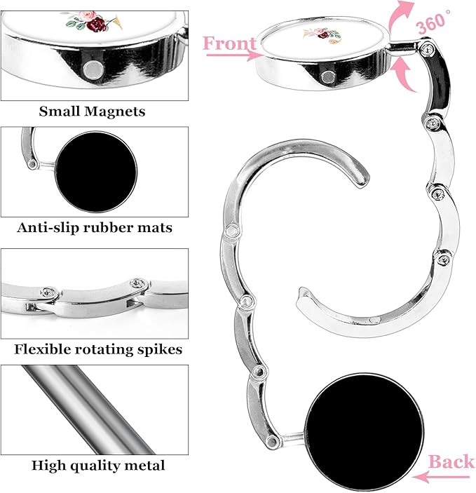 XSUIOY 3Pcs Personalized Initial Foldable Purse Hook for Table,Crushed Flower Letters Folding Purse Hanger,Purse Holder Handbag Hanger Collection Desk Table Bag Hooks Gifts for Women Bag(Pink-J)