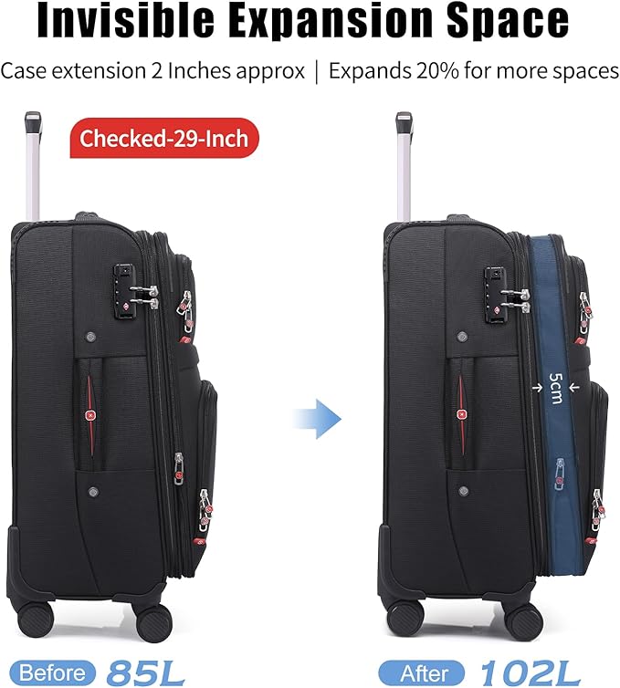 Softside Expandable Luggage with 4 Spinner Wheels, Durable Checked-Luggage Suitcase (Black, 3-Piece Set 21/25/29)