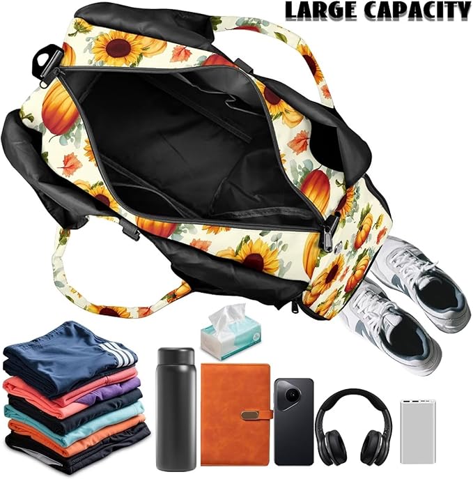 Autumn Sunflower Pumpkin Duffle Bag for Gym Sports Women Carry On Weekender Bag with Shoe Compartment for Yoga Travel Hiking Duffel Overnight Weekender Fall Thanksgiving Decor Gifts