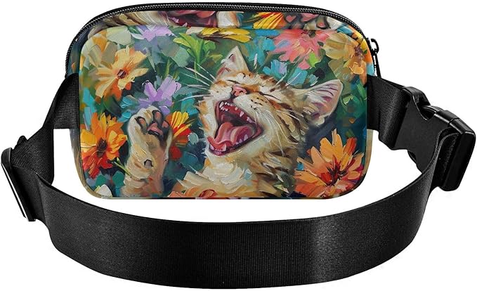 Cat Flower Oil Painting Fanny Pack for Women Men Water Resistant Fashion Waist Packs with Adjustable Strap Belt Bag for Travel Workout Jogging Hiking 21220497