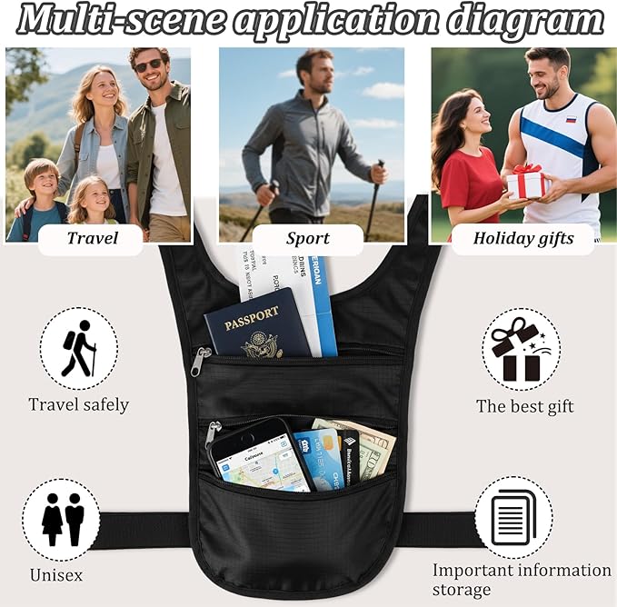 Travel Money Belt Body Contoured Slim Anti Theft Passport Holder Unisex Adjustable Waist Wallet with Secure Zipper（dark blue）