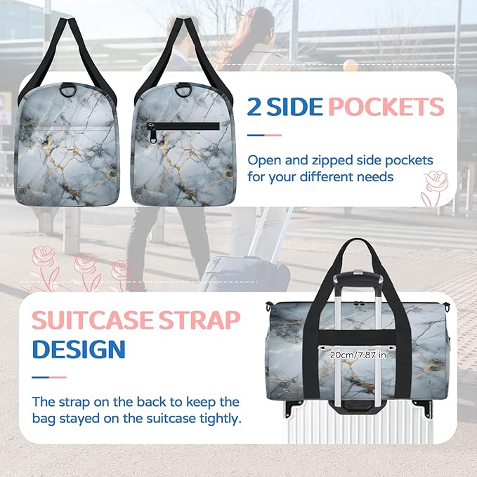 Marble Gym Bag for Women 17 inch Waterproof Carry On Overnight Weekender Bag Sports Duffel Tote Bags for Travel Workout