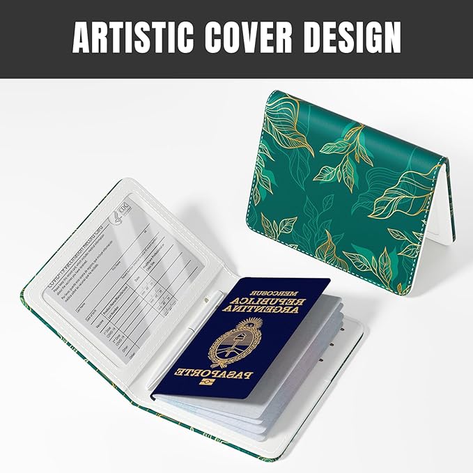 Rimilak Passport Holder, RFID Blocking Passport Cover Wallet Travel Essentials, Leather Travel Air Ticket Documents Organizer Protector for Women and Men, Gold Leaves