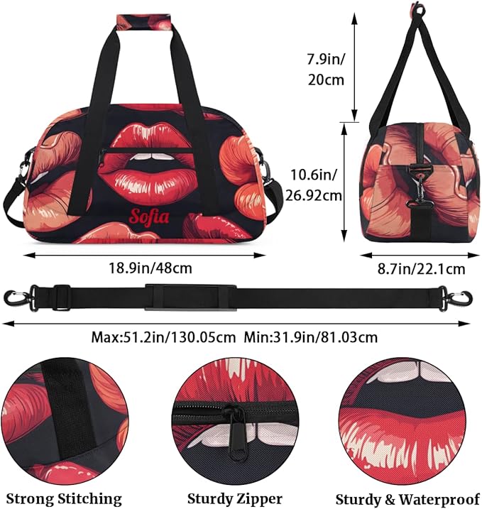 Custom Name Sexy Red Lips Girl Gym Travel Duffle Bag with Front Zipper Pocket Personalizedfor Sports Bag for Overnight, Weekender, Carry On,Workout & Dance, 18.9 * 8.7 * 10.6 in
