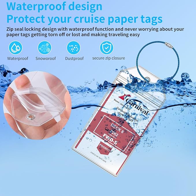Carnival Cruise Luggage Tag Holders, 8 Pcs Zip Seal Clear Cruise Luggage Tag Holder with Steel Loops for All Carnival Cruise Line Ships & Tags for Cruises in 2025 & 2026