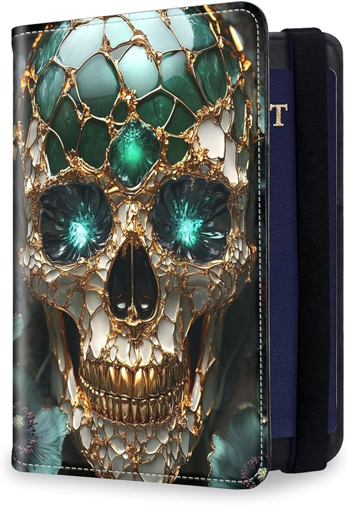 Passport Holder for Travel, RFID Blocking Passport Holder Travel Walle, Passport and Vaccine Card Holder, Vacation Must Haves Travel Accessories for Men Women, Golden Skull with Emerald Eye