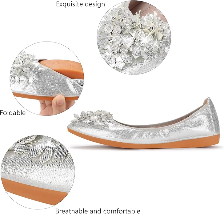 KUNWFNIX Women Ballet Flats Rhinestone Wedding Ballerina Shoes Foldable Sparkly Comfort Slip on Flat Shoes