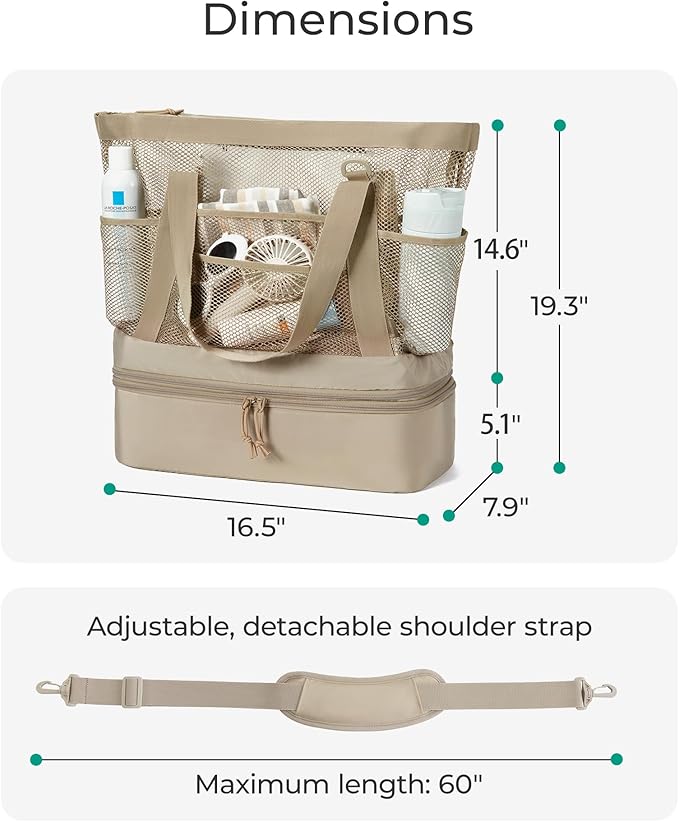 BAGSMART Beach Bag for Women, Mesh Tote Bags with Zipper, Sandproof Vacation Essentials with Cooler for Swim Cruise Pool