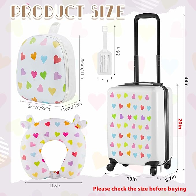 Sanwuta 4 Pcs Kids Luggage Set Rolling Suitcase Backpack U-shaped Pillow Kids Carry On Gift for Summer Travel Family Trip(20 Inch,Heart Style,White)