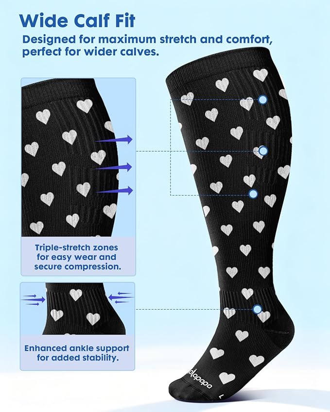 Wide Calf Compression Socks for Women - 3-Pair Plus Size 20-30mmHg Ankle Support Easy on off Socks for Travel Nurse