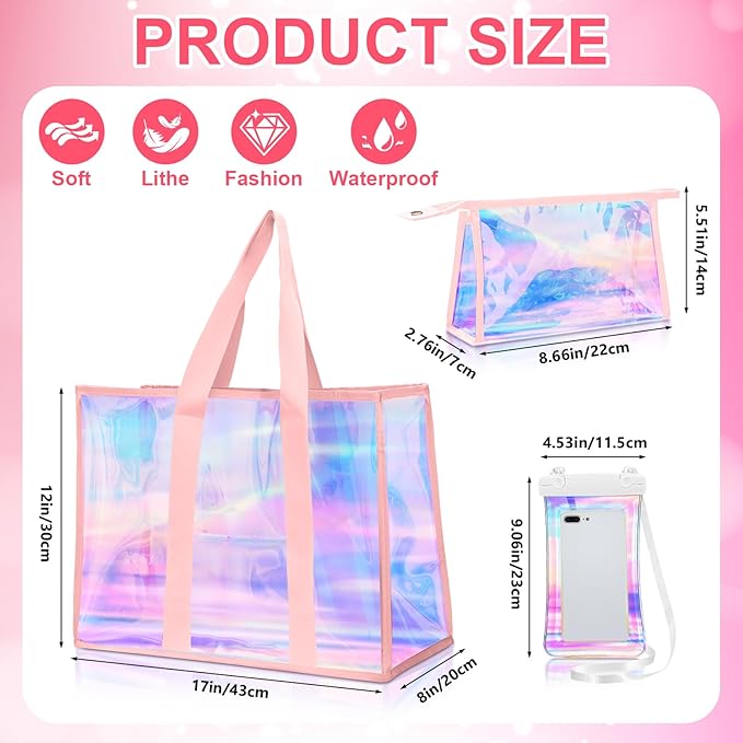 3 Pcs Waterproof Beach Bags Women Clear Iridescent Tote Bag Cosmetic Pouch for Phone Travel Beach Pool Essentials