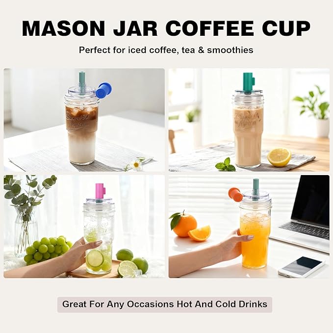 ANOTION 2pc Glass Tumbler with Lids and Straws, Leakproof 24oz Mason Jar Cups, Leak-Proof Cap, Self-Assembly Silicone Straw, Reusable Iced Coffee Smoothie Matcha Cup Aesthetic Coffee Gifts Women