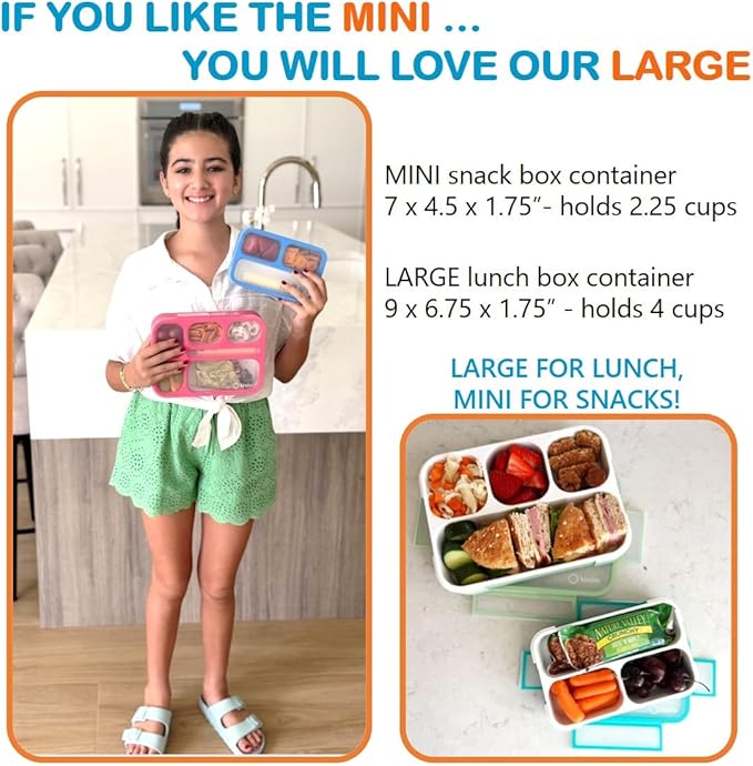 Snack Containers for Kids | MINI Lunch Box | SMALL Reuseable Bento Box Portion Container | Leak Proof Boxes for School | Daycare Work Travel | for Adults Boys Girls | Teal Blue + Orange Set of 2