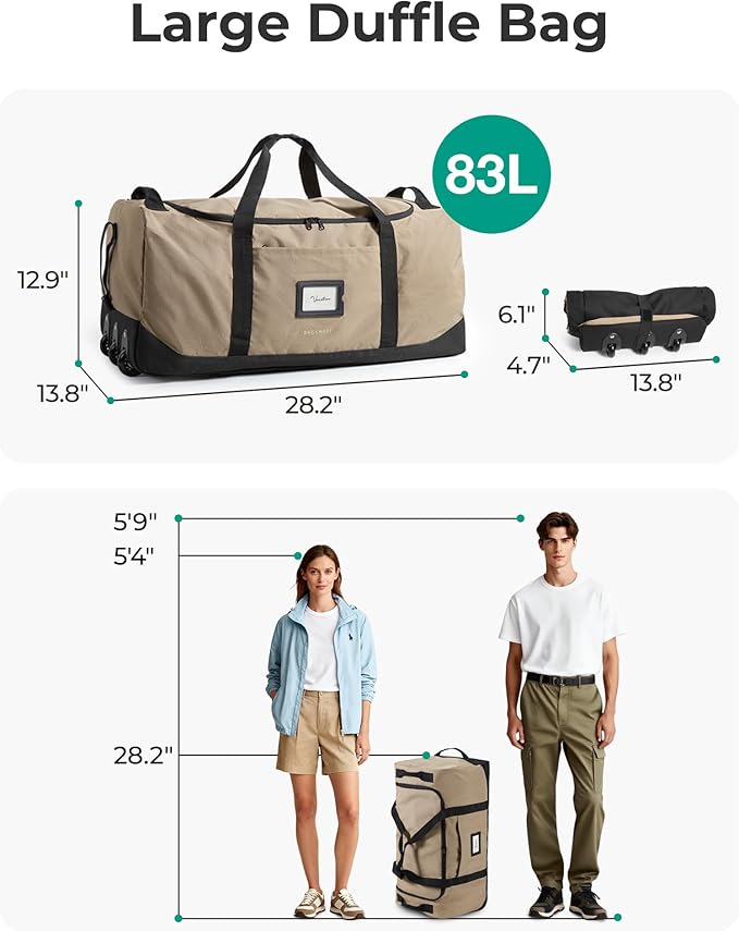BAGSMART 83L Foldable Travel Bag, Large Duffle Bag for Travel, Weekender Duffel Luggage Bag for Sport College Camping, Water Resistant, Olive green